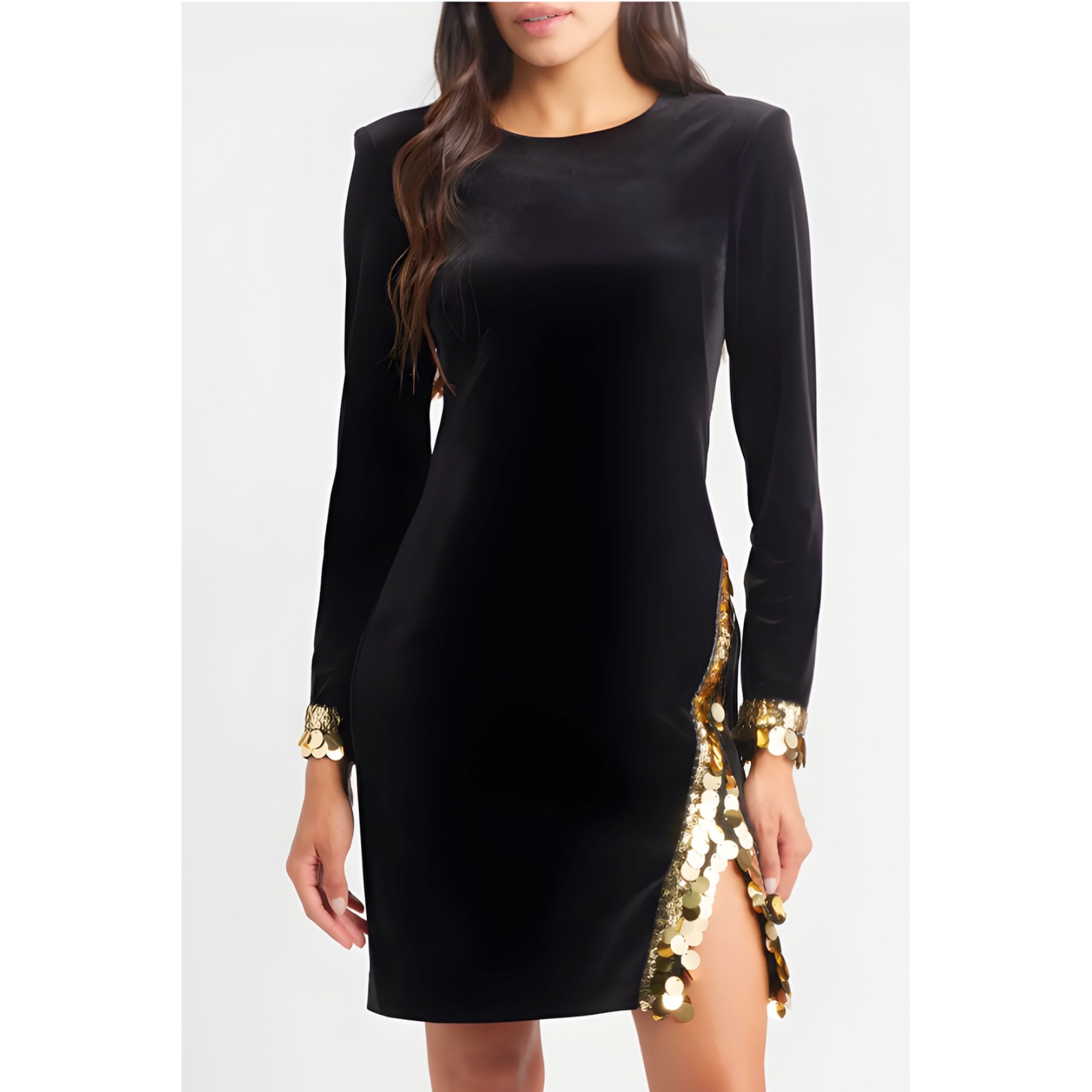 Vince Camuto Nwt Black Gold Sequin Side Slit Sheath Cocktail Dress Size 6